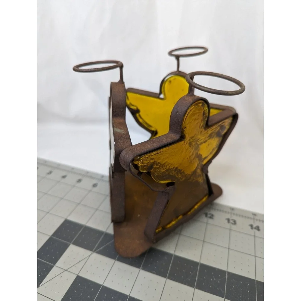 Glass‎ Metal Angel Candle Holder Primitive 7 Inch Tall